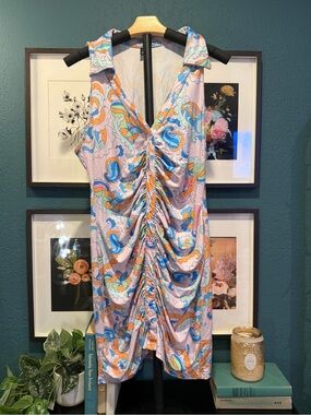 SHEIN Pink lavender Paisley-Print Ruched Mini Dress with Blue & Orange Accents